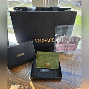 NWOT Versace La Medusa Card Case in Olive Green Croc Calf Leather, Shopping Bag,